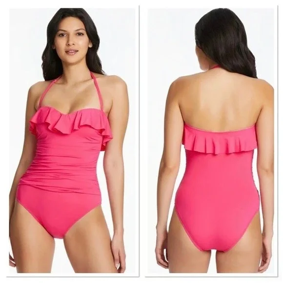 NWT Bleu Rod Beattie 6 Shirred Ruffle Bandeau Mio 1PC Swimsuit Pink 128203 - Picture 3 of 5